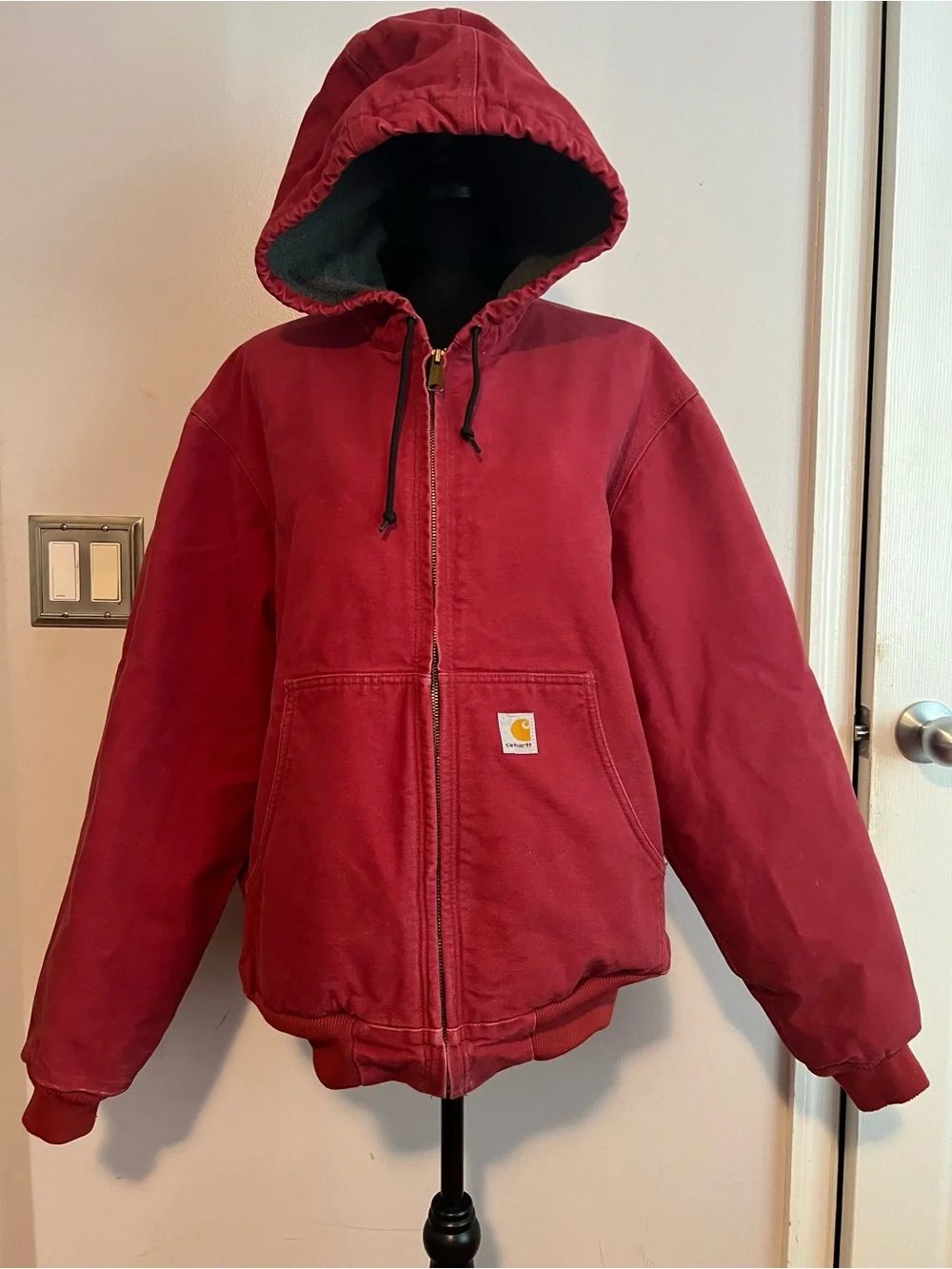 Carhartt J158 DKH Red Jacket Mens Large Duck Red Fleece Lined Hooded Vintage